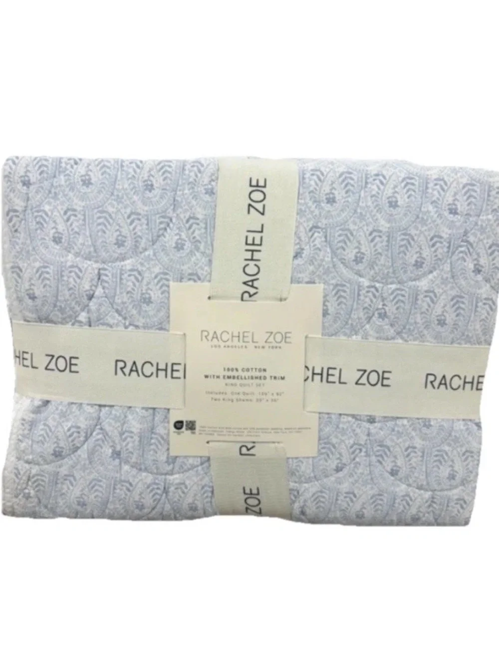 Rachel Zoe Blue and White Cotton with Embellished Trim King Quilt Set 106”x92”